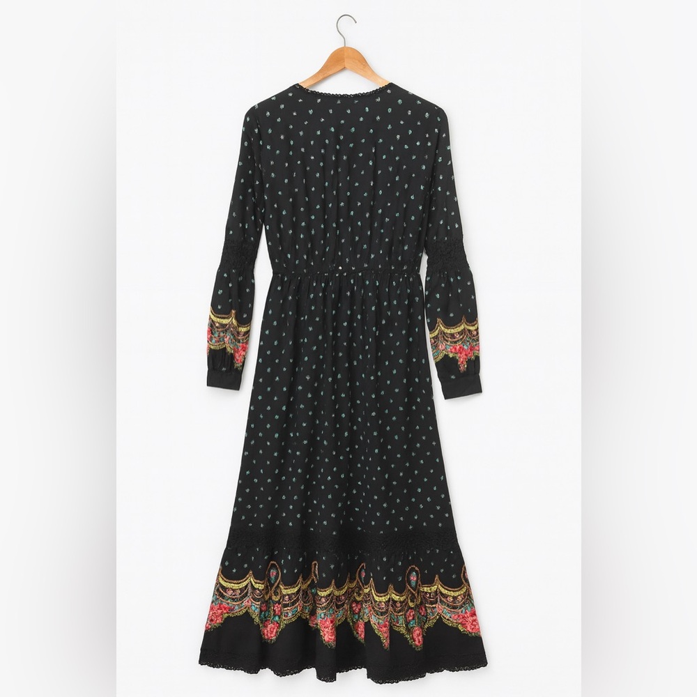 Chasing Unicorns Bohemian Black Floral Long Sleeve Dress size Large - Picture 4 of 13